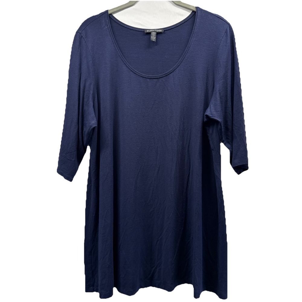 Eileen Fisher Womens Top Sv Large Solid Navy Blue Stretchy Short Sleeve Pullover